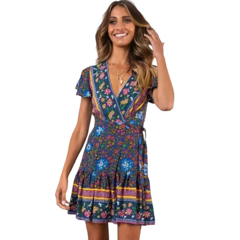 Amy Fashion - Summer Boho Floral Print Mini Wrap Beach Boho Dress