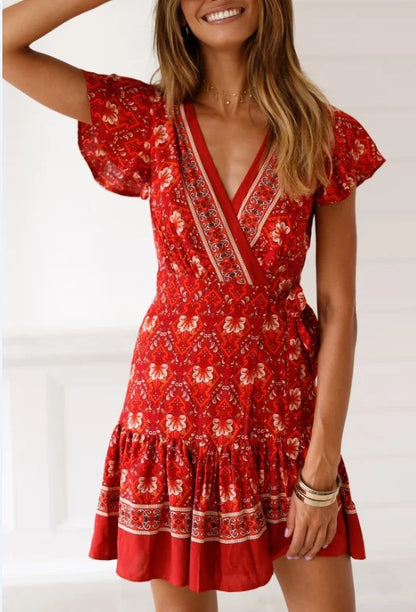 Amy Fashion - Summer Boho Floral Print Mini Wrap Beach Boho Dress