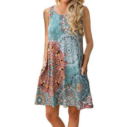 Amy Fashion - Floral Print Medium Casual Cover Up Plain Tank Dress