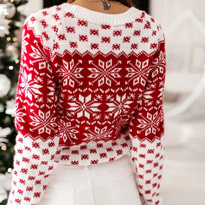 Christmas Snowflake Knitted Long Sleeve O Neck Casual Printed Sweater