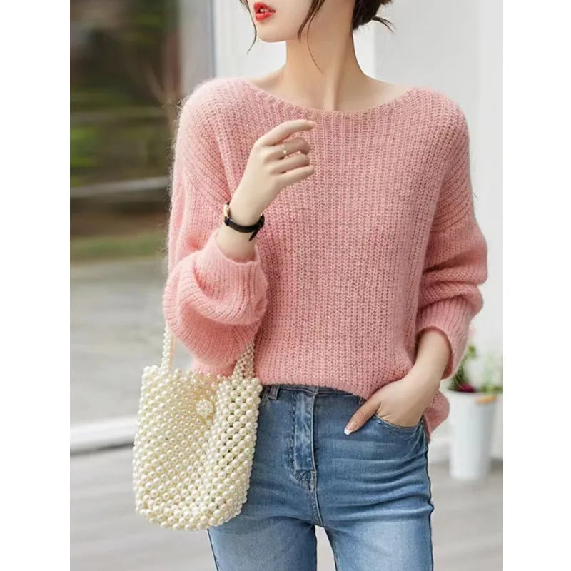 Long Sleeve Knitted Pullover V-Neck Fashion Basic Solid OL Sweater