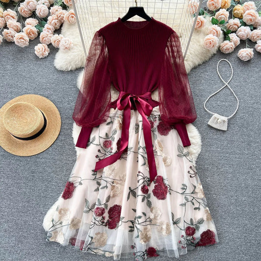 Sweet Patchwork Long Lantern Sleeves Bow Mesh Embroidery Floral High Waist A-Line Elegant Party Dress