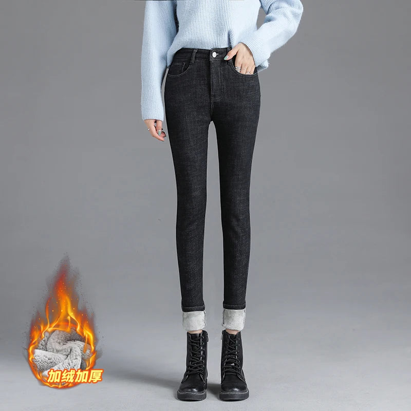 Amy Fashion - Thickened High Waist Warm Casual Slim Stretch Denim Plus Velvet Jean