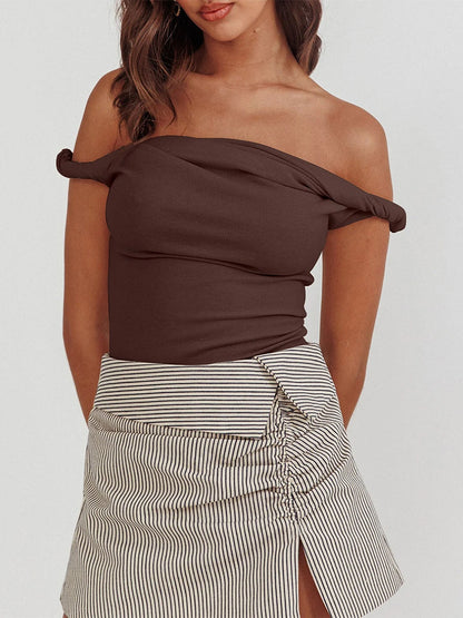 Twisted Off Shoulder Cotton Solid Color Elegant Slim Fit Crop Top