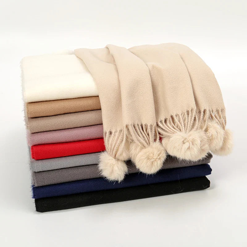 Rabbit Fur Ball Cashmere Pompom Oversize Blanket Scarf for Women