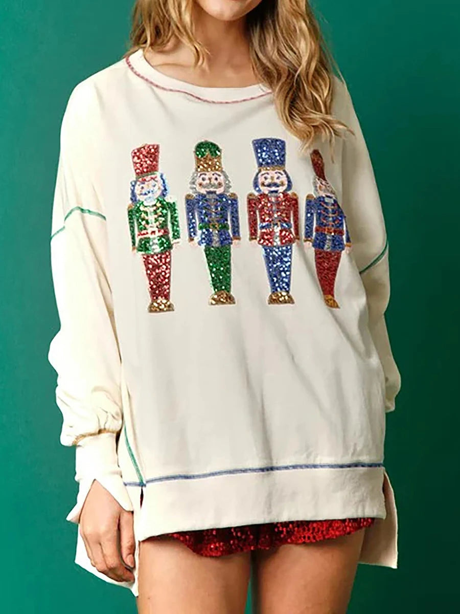 Y2K Nutcracker Sequin Long Sleeve Crewneck Christmas Hoodie