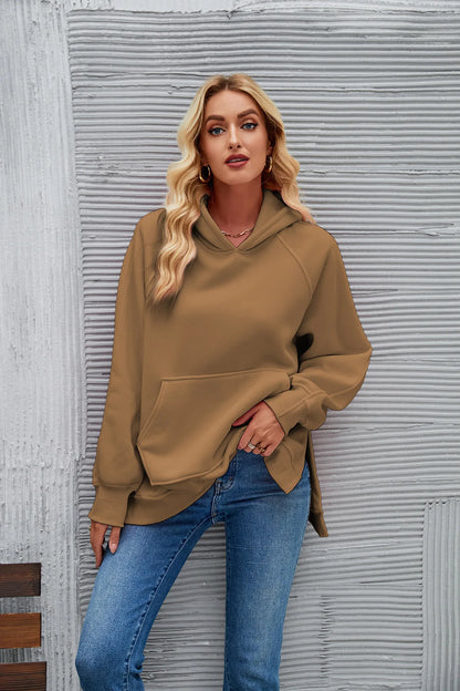 Autumn Winter New Fashion Solid Color Hooded Long-sleeved Side Slit Hoodies