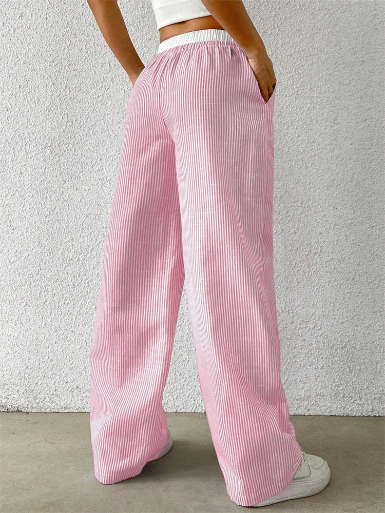 Casual Striped Woven Wide Fall Winter Stylish Full Length Y2K Trouser