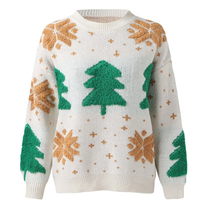 Christmas Tree Print Round Neck Long Sleeve Knitwear Casual Sweater