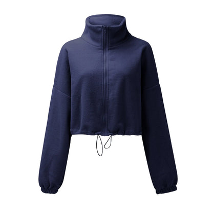 Full Zip Fleece Warm Long Sleeve Stand Collar Crop Hoodie