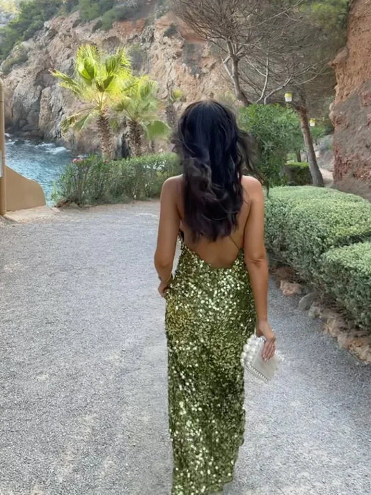 Green Sequin Backless Sling Dress - Sexy Off Shoulder Christmas Party Dress