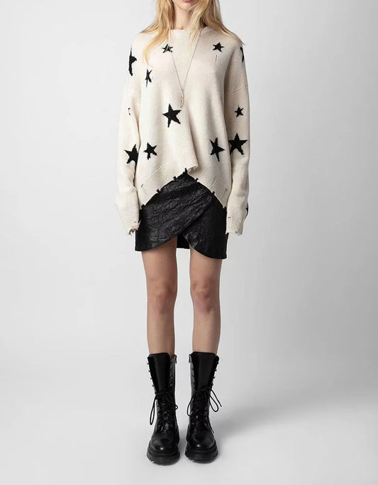 Knit Star Pattern Ripped Loose Round Neck Long Sleeve Casual Sweater