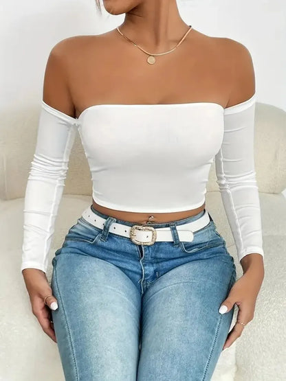 Off Shoulder Long Sleeve Casual Spring Fall Women's Crop Top