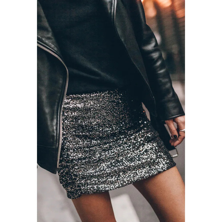 Sequin Pleated Party INS Casual Fashion Zipper ed Skirt