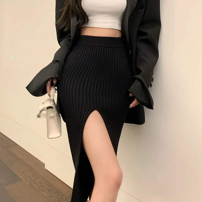 Sexy Split Slim-Fit Slimming Knitted Elegant Solid Color High Waist Elastic All-Match Simple Skirt