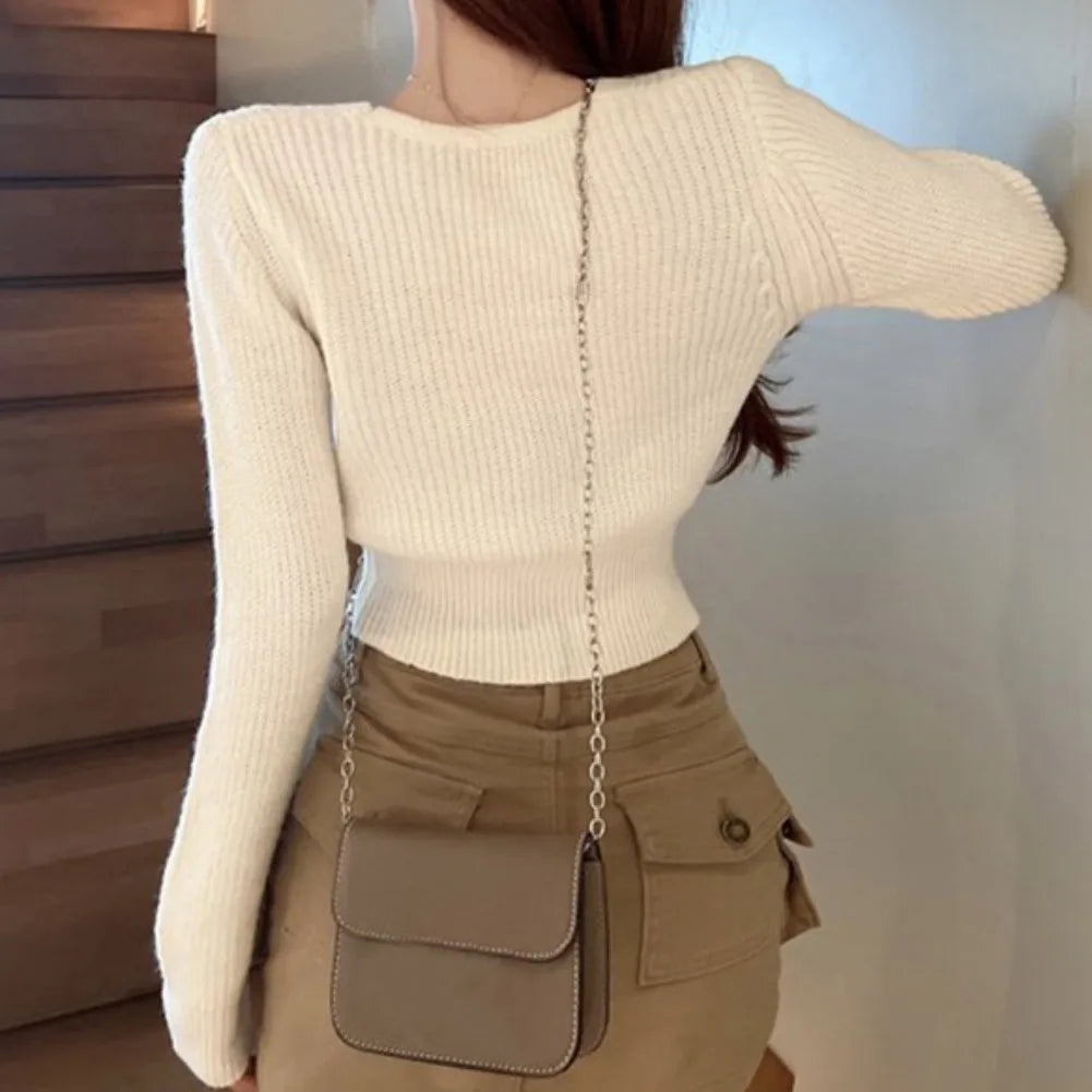 Sexy Summer Button Up Square Neck Long Sleeve Crop Sweater