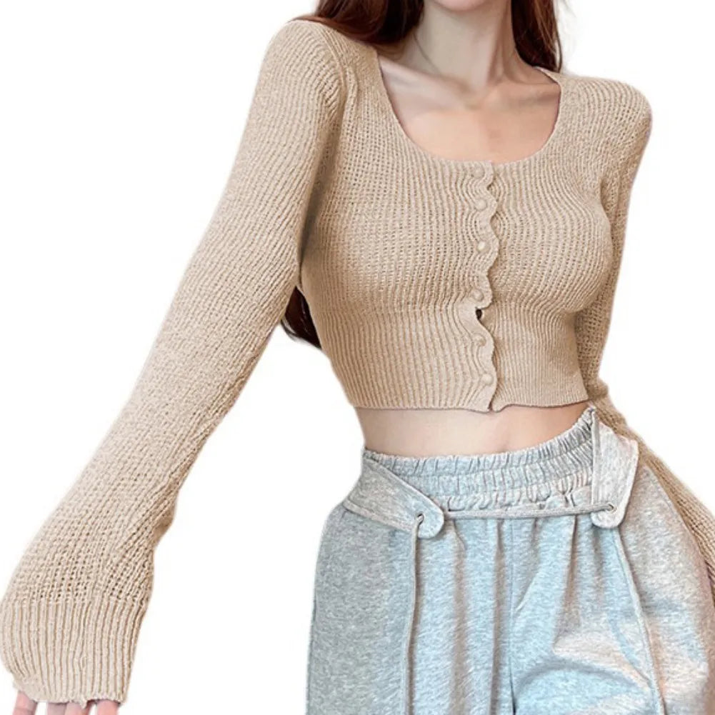 Sexy Summer Button Up Square Neck Long Sleeve Crop Sweater