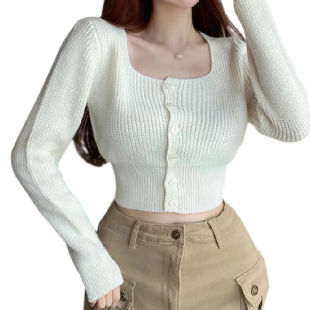 Sexy Summer Button Up Square Neck Long Sleeve Crop Sweater