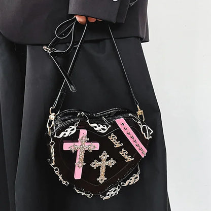 Metal Punk Shoulder Crossbody Heart-Shaped Leather Gothic Decoration Bag