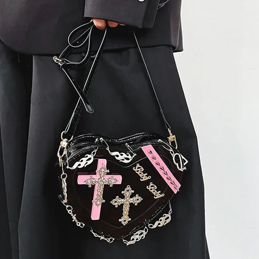 Metal Punk Shoulder Crossbody Heart-Shaped Leather Gothic Decoration Bag