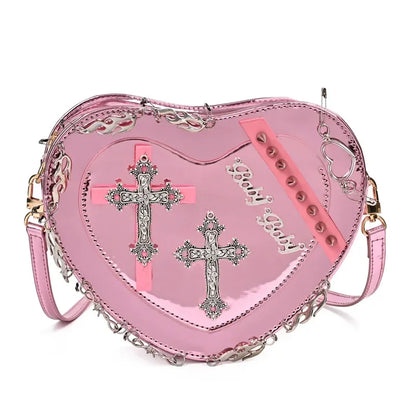 Metal Punk Shoulder Crossbody Heart-Shaped Leather Gothic Decoration Bag