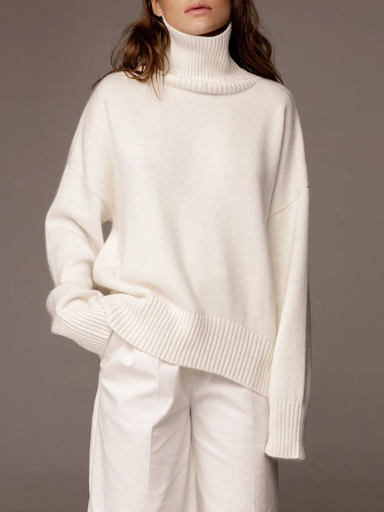 Women's Thick Oversize Winter Warm White Pullovers High Neck Oversized Sweater