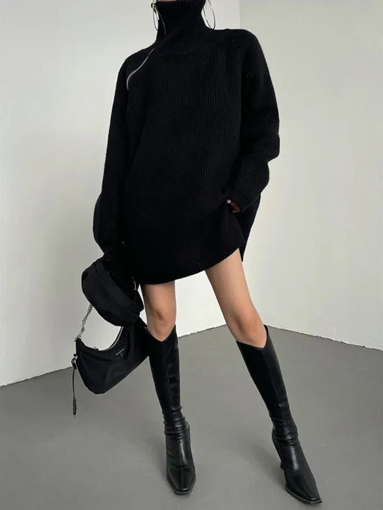 Women's Zipper Oversize Fashion Women 2024 Autumn Knitwear Loose Thick Warm High Neck Cozy Sweater