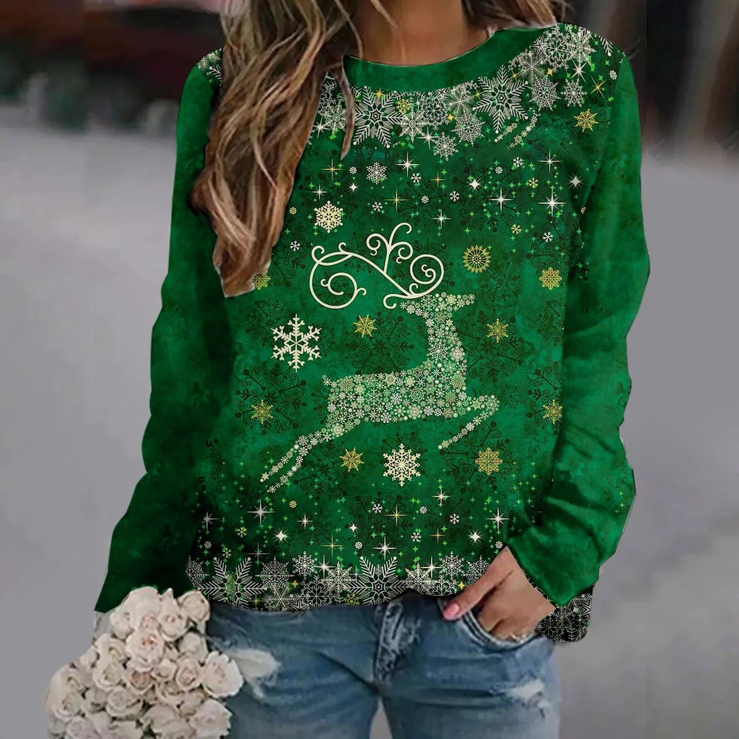 Print Crew Neck Soft Long Sleeve Casual Loose Y2K Winter Christmas Hoodie