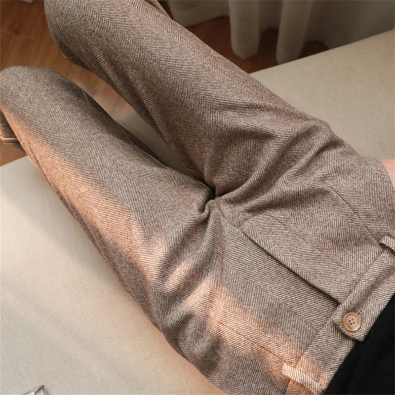 Woolen High Waist Elegant Casual Black Pencil Pants