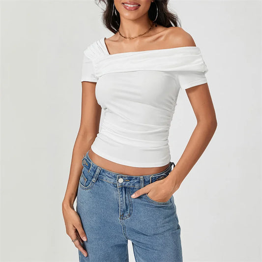 Oblique Shoulder Solid Color Sleeveless Cropped Aesthetic Streetwear Crop Top