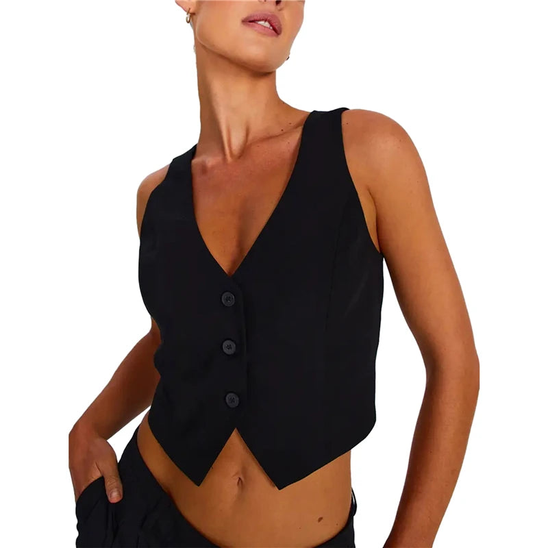 Waistcoat For Women Solid Color Slim Fit V Neck Sleeveless Button Down Fashion Crop Top