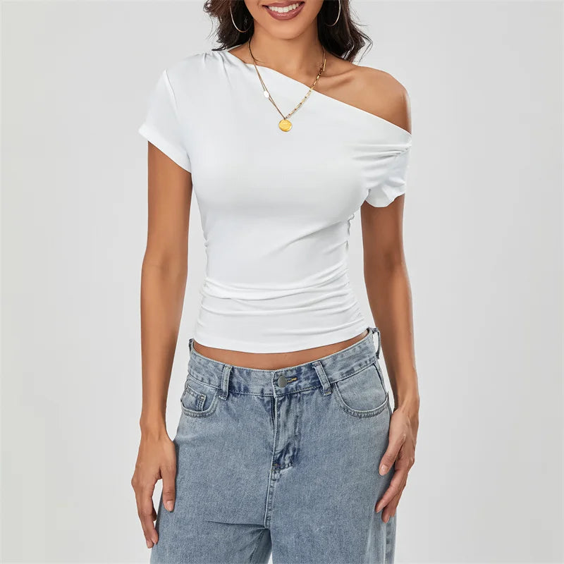 Y2k Summer Grunge Oblique Shoulder Sleeveless Ruched Streetwear Crop Top