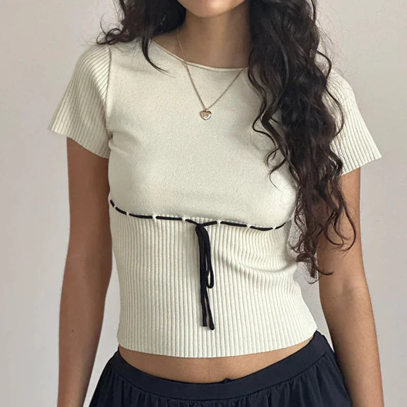 Knitted Patchwork Round Neck Short Sleeve Aesthetic Summer Streetwear Crop Top