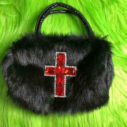 Bag Punk Y2K Gothic Applique Shoulder Harajuku Hop Soft Cross Black Plush Hip