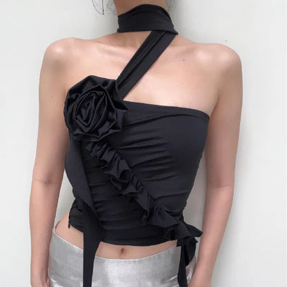 Off Top Flower Crop Ruffles Backless Gothic Aesthetic Shoulder