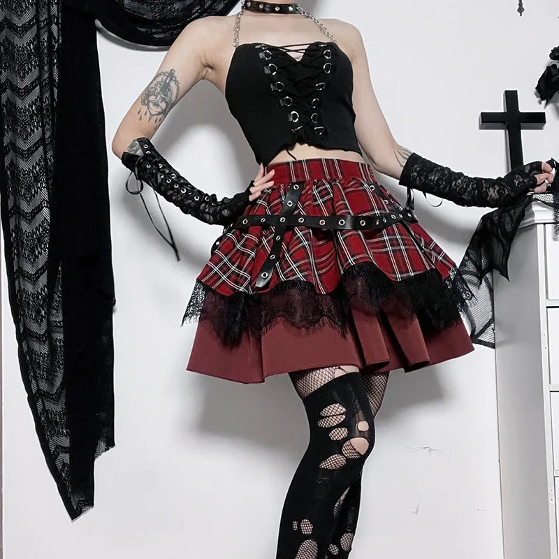 Pleated Gothic Cake Sweet Y2k Plaid Lace Skirt Girls Mini Harajuku Lolita Kawaii