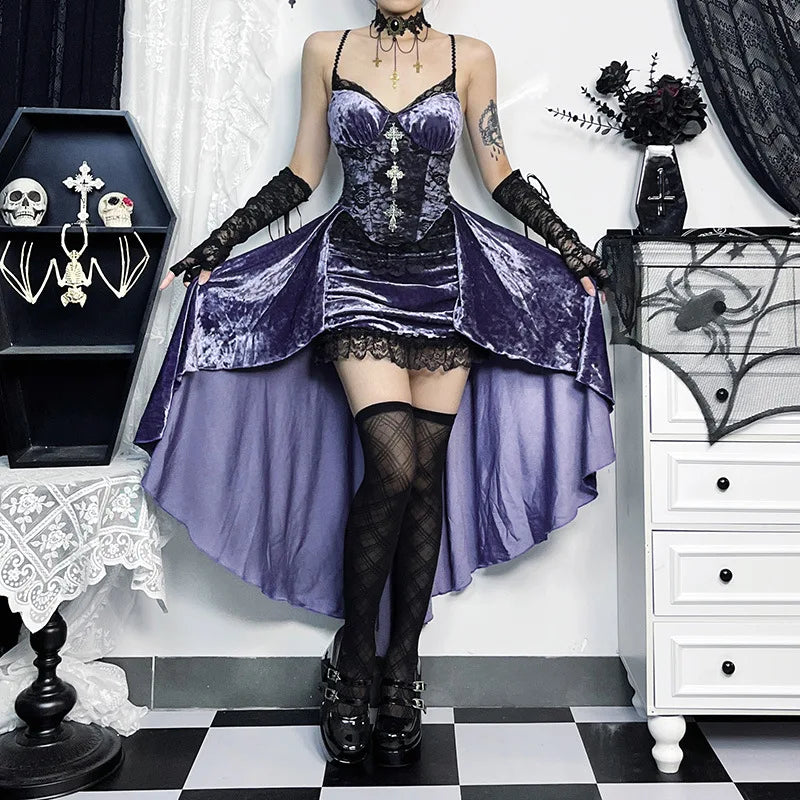 Sling Gothic Dark Trailing Irregular Fairy Fashion Grunge Purple French Slim Waist High Dress