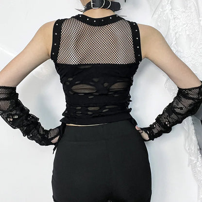 Trendy Rave Gothic Party Steampunk Fishnet Backless Sexy Crop Top