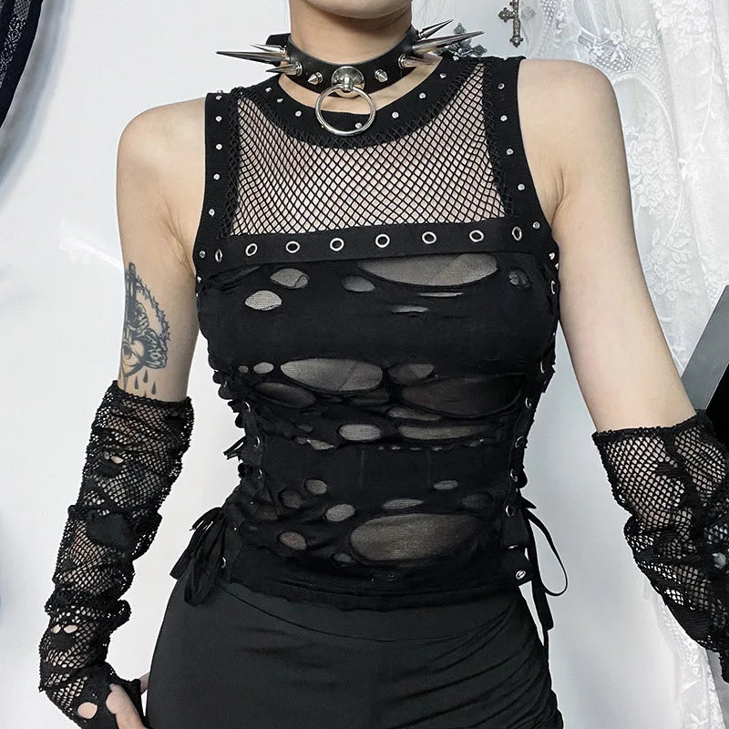 Trendy Rave Gothic Party Steampunk Fishnet Backless Sexy Crop Top