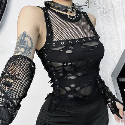 Trendy Rave Gothic Party Steampunk Fishnet Backless Sexy Crop Top