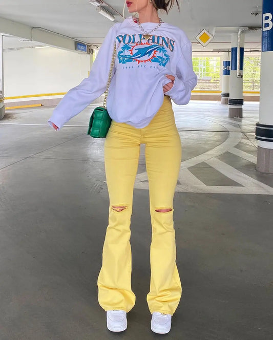 Amy Fashion - Yellow Ripped Women Flare Lady Stretch Vintage High Waist Denim Pants Lady Y2K Punk Streetwear Slim Bell Bottom Trousers Jean