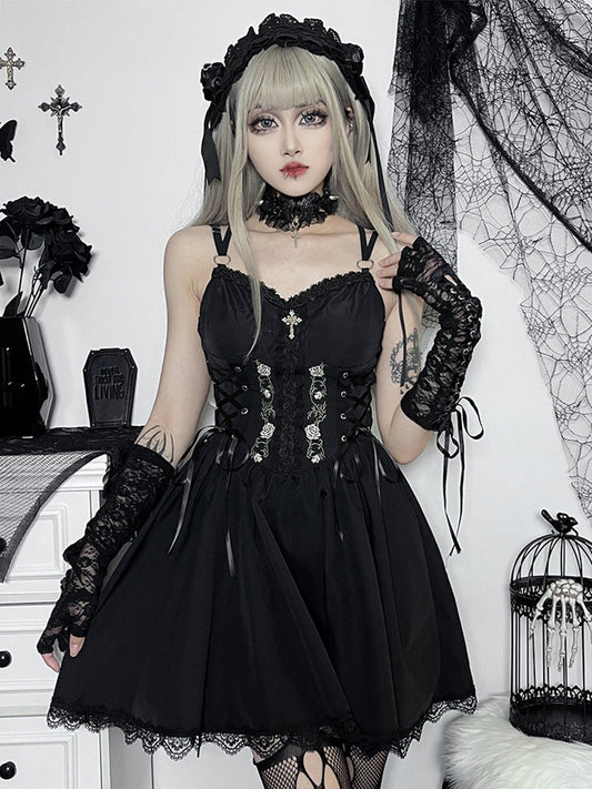 High Gothic Up Party Punk Trim Dress Lace Sexy Neck Waist Lace Black V Y2K Grunge