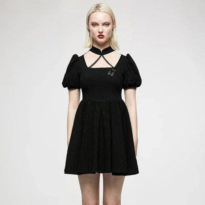 Chinese Style Puff Sleeve Dark Pattern Jacquard Playful Age-reducing Club Youth Black Gothic Dress