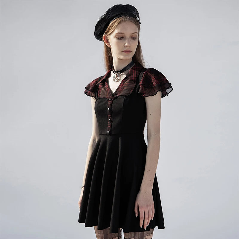 Falbala Short Sleeves A-line Rivets Ruffle V-neck Sexy Plaid Splicing Gothic Dress