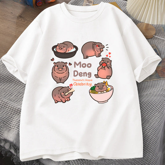 Vintage Cotton Funny Bouncy Pig Thailand Baby Hippo Zoo Men Short Sleeve T-Shirt Moo Deng