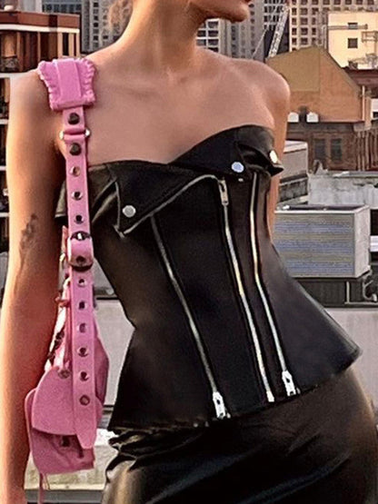 Fashion Black Leather Punk Top Goth PU Crop Zipper