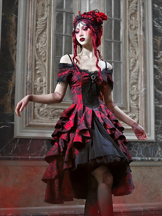 High-Waist Party Style Court Dark Gothic Off-Shoulder Wave Japanese Black Dress Lolita Red Autumn Halloween