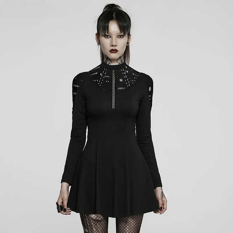 Long Sleeve Daily Wear Mesh Knitted 3D Chain Printing Drawstring Waist Retro Gothic Dress