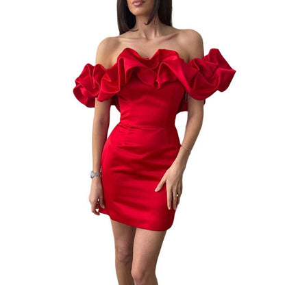 Amy Fashion - Bodycon Solid Color Ruffled Off-shoulder Dress