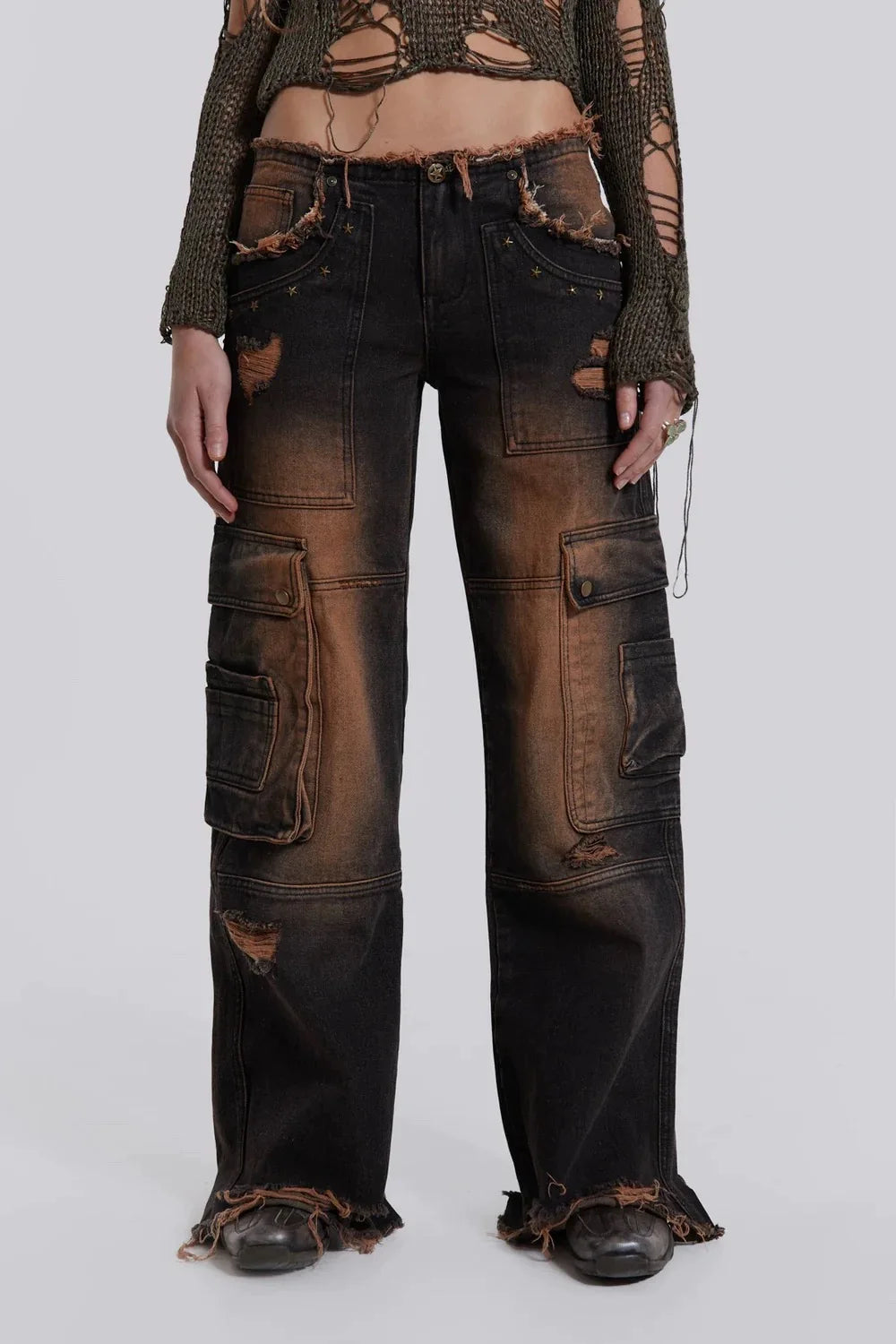 Low-rise Ripped Water Blast Multi-pocket Overalls Jeans